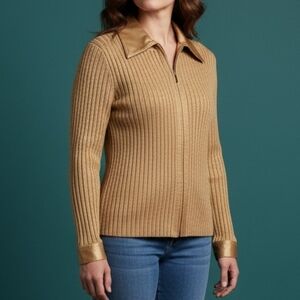Fontana Metallic Tan and Gold Satin Ribbed Zipper Sweater